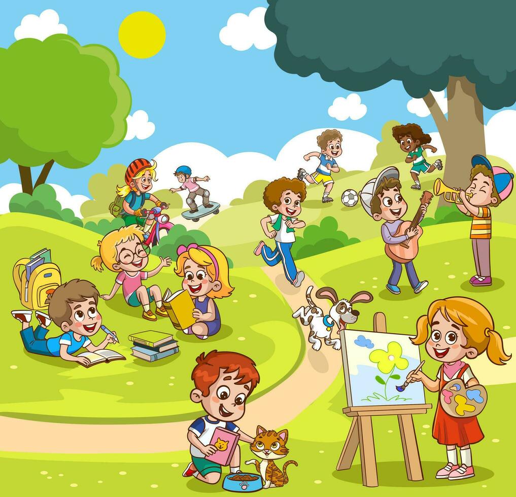 grupp barn spelar, utgifterna tid i spel, har roligt, lurar runt om. sommar aktiviteter. barn i park, sommar camp.lärare,mamma läsning bok till barn. vektor