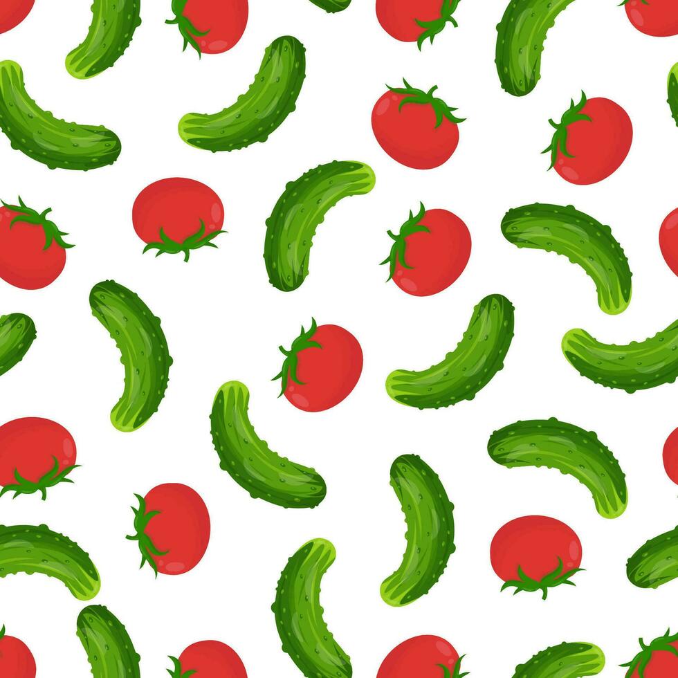 sömlös mönster med grön gurkor och röd tomater på en vit bakgrund. mönster och grönsaker vektor