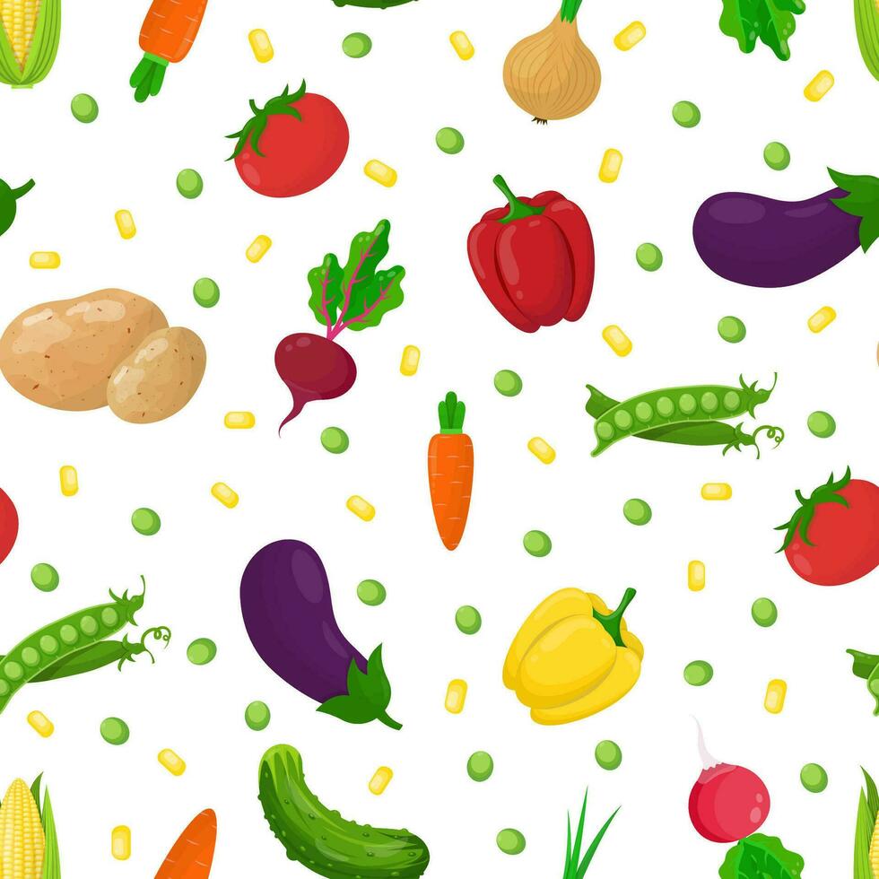sömlös mönster med grönsaker på en vit bakgrund. en uppsättning av grönsaker - rädisa, potatis, gurka, peppar, lök, ärtor, rödbeta, tomat, morot. vektor