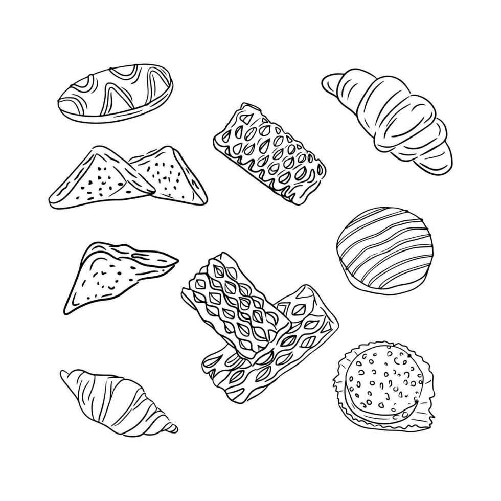 Hand gezeichnet skizzieren Illustration von Gliederung Gebäck. Vektor isoliert Bäckerei Artikel eine solche wie Krapfen, Croissant, Puff und Gebäck. einzigartig Hand gezeichnet Design. Ideal zum Färbung Seiten, Tätowierung, Hintergrund, Verpackung