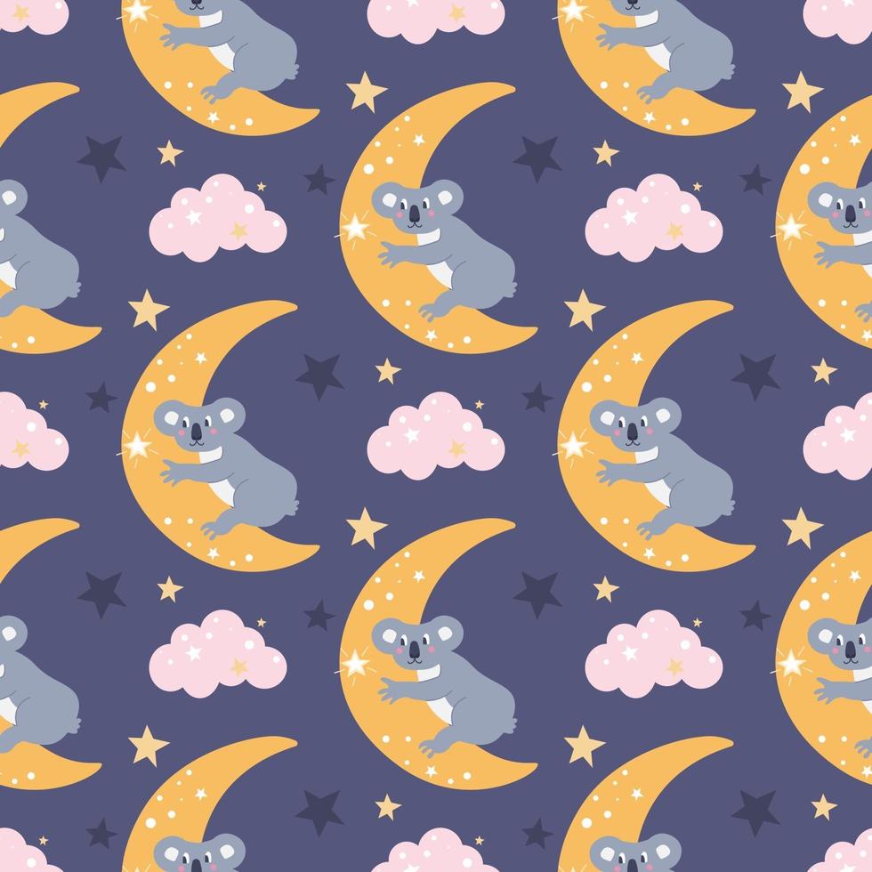 Ein süßer lustiger Koala auf dem Mond greift nach einem Stern zwischen den Wolken. Vektor nahtlose Muster auf lila Hintergrund. Tapeten, Verpackungspapierdesign, Stoffe, Kinderdruck