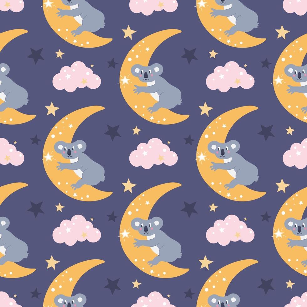 en söt rolig koala på månen når en stjärna bland molnen. vektor sömlösa mönster på en lila bakgrund. tapeter, design av förpackningspapper, tyger, barntryck