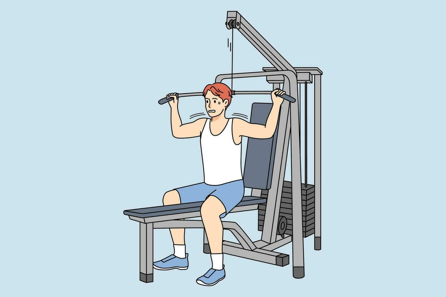 müde Mann Ausbildung auf Sport Ausrüstung im Fitnessstudio. unzufrieden erschöpft männlich trainieren zum gut Körper Form. Übung und Fitness Konzept. Vektor Illustration.