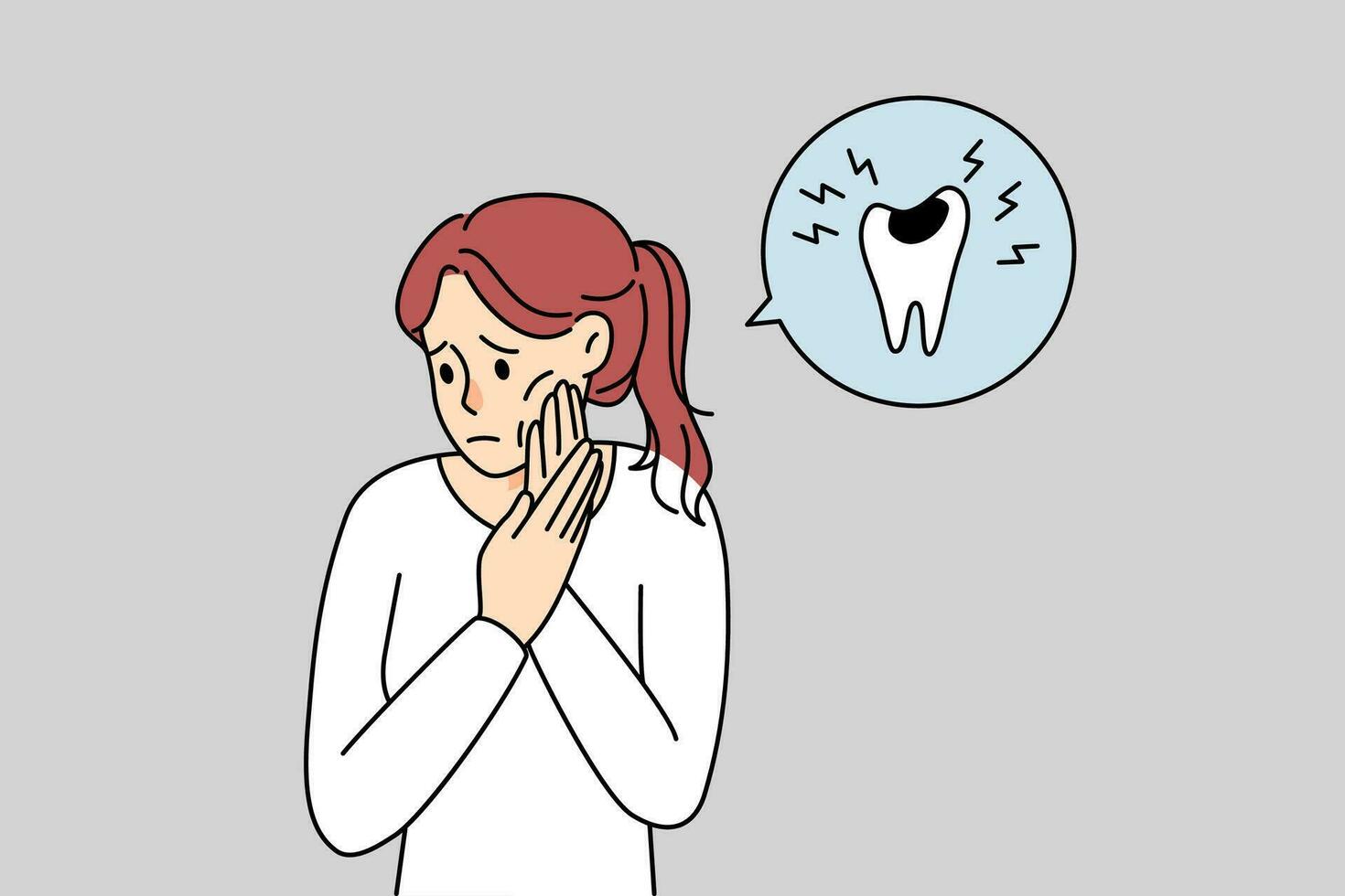 olycklig sjuk kvinna håll kind lida från tandvärk behöver dental behandling. upprörd flicka kamp med tand förfall eller oral sjukdom. tandvård problem och munvård. vektor illustration.