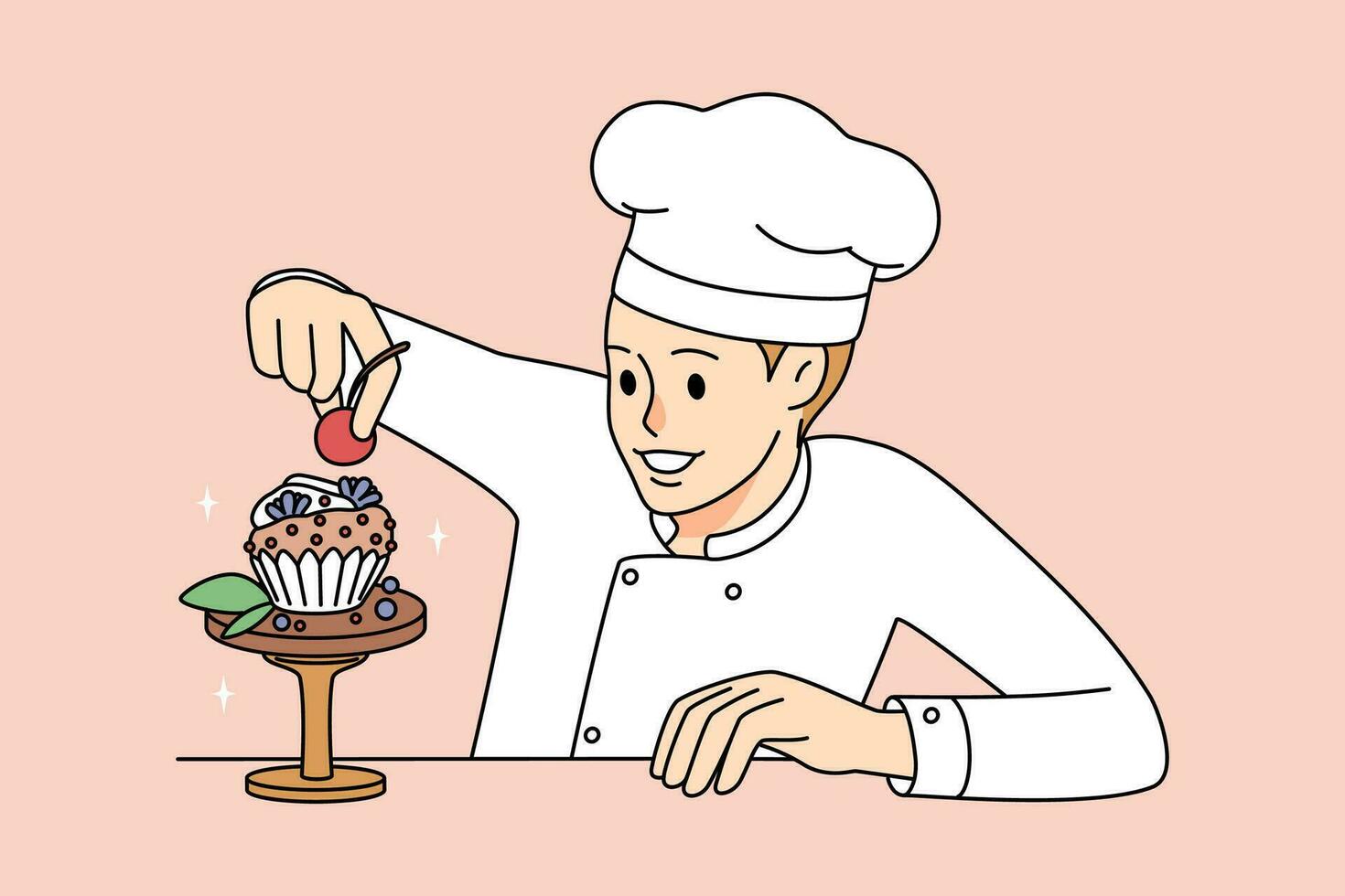 männlich Gebäck Koch schmücken Kuchen im Süßwaren Geschäft. Mann Konditor vorbereiten Cupcake. Dessert Herstellung. Vektor Illustration.