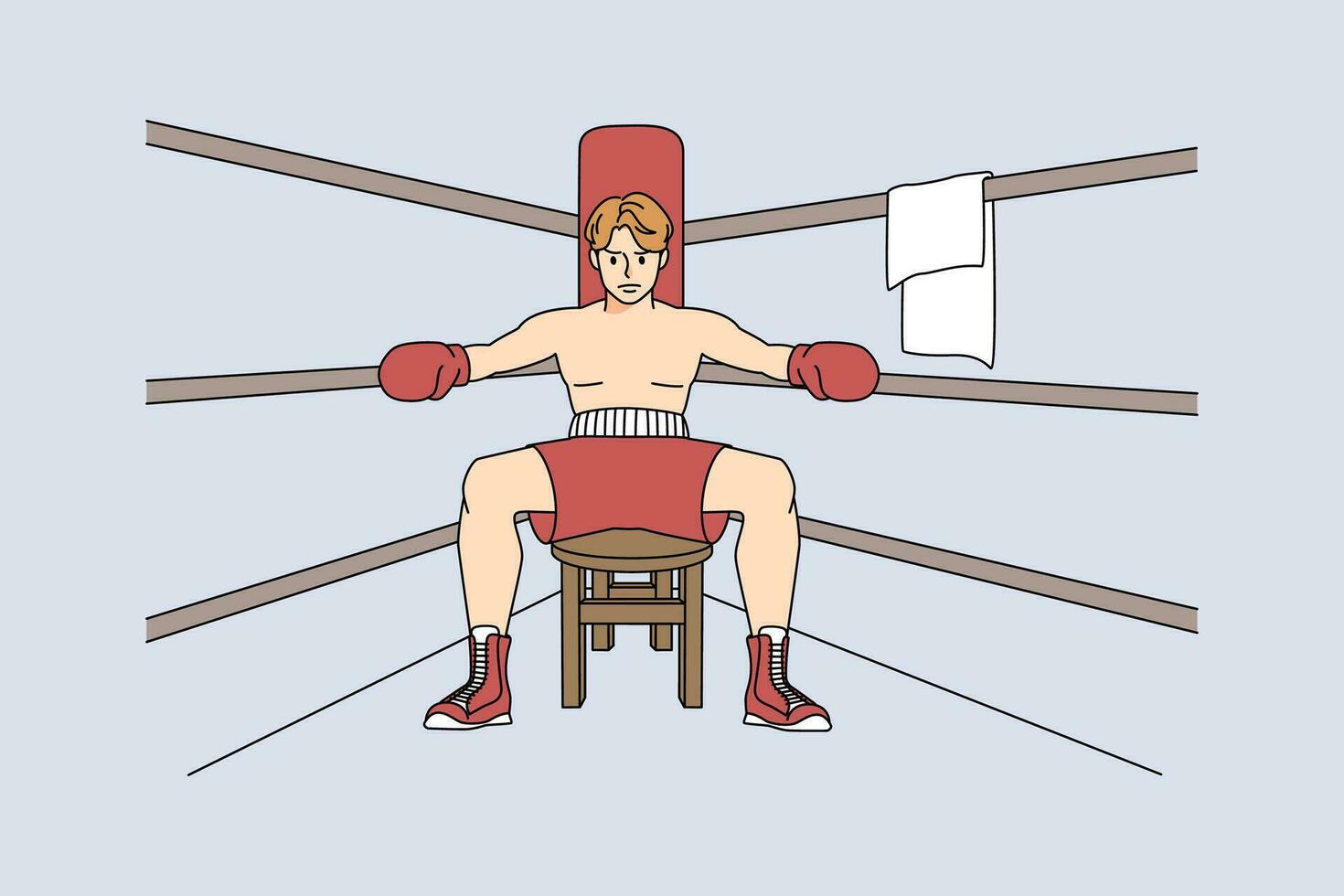 Mann Kämpfer sitzen auf Ring bekommen bereit zum Spiel oder Wettbewerb. männlich Boxer vorbereiten zum Finale runden. Sport und kriegerisch Kunst Konzept. Vektor Illustration.