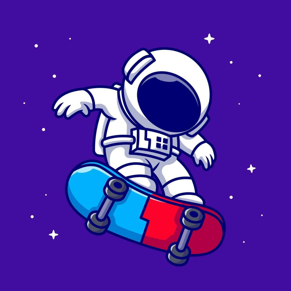 Astronaut spielen Skateboard im Raum Karikatur Vektor Symbol Illustration. Wissenschaft Sport Symbol Konzept isoliert Prämie Vektor. eben Karikatur Stil