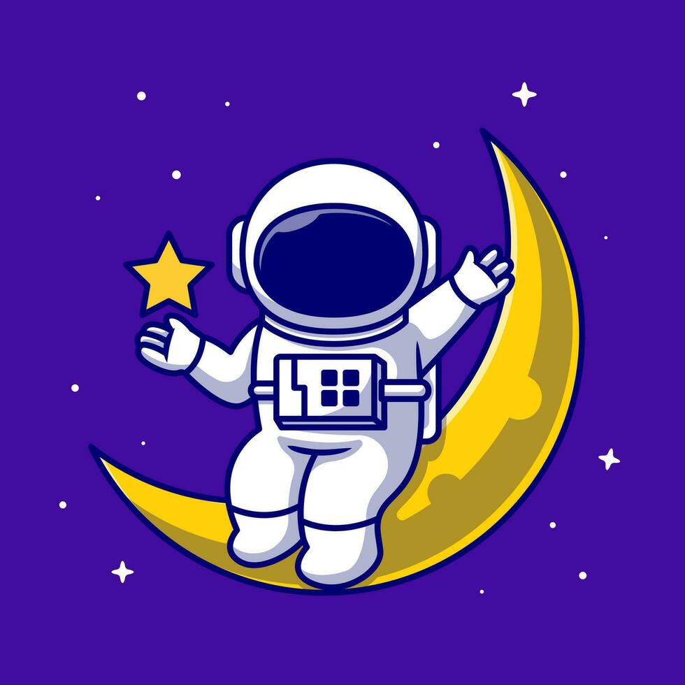 Astronauten Sitzung auf das Mond mit Star Karikatur Vektor Symbol Illustration. Wissenschaft Fiktion Raum Symbol Konzept isoliert Prämie Vektor. eben Karikatur Stil