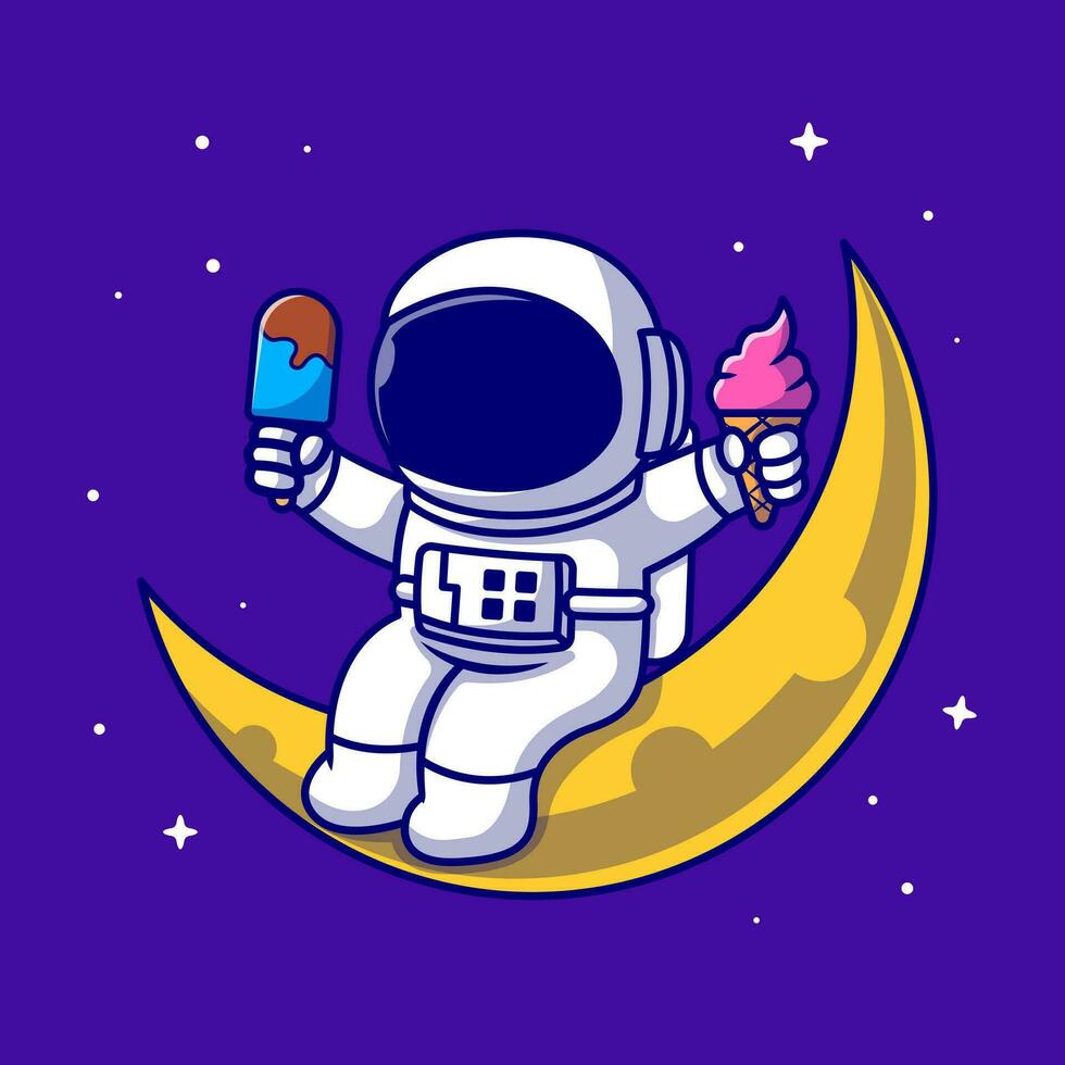 süß Astronaut halten Eis am Stiel und Eis Sahne auf Mond Karikatur Vektor Symbol Illustration. Wissenschaft Essen Symbol Konzept isoliert Prämie Vektor. eben Karikatur Stil