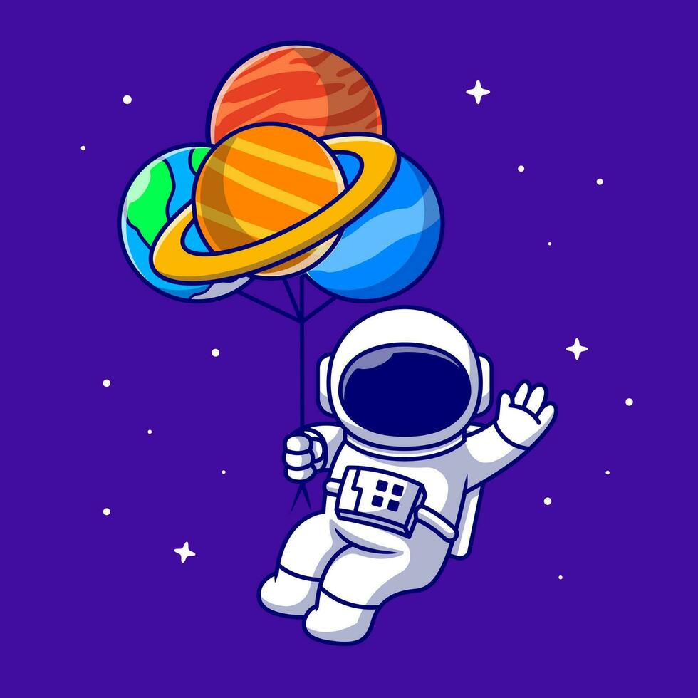 söt astronaut flytande med planet ballonger i Plats tecknad serie vektor ikon illustration. teknologi vetenskap ikon begrepp isolerat premie vektor. platt tecknad serie stil
