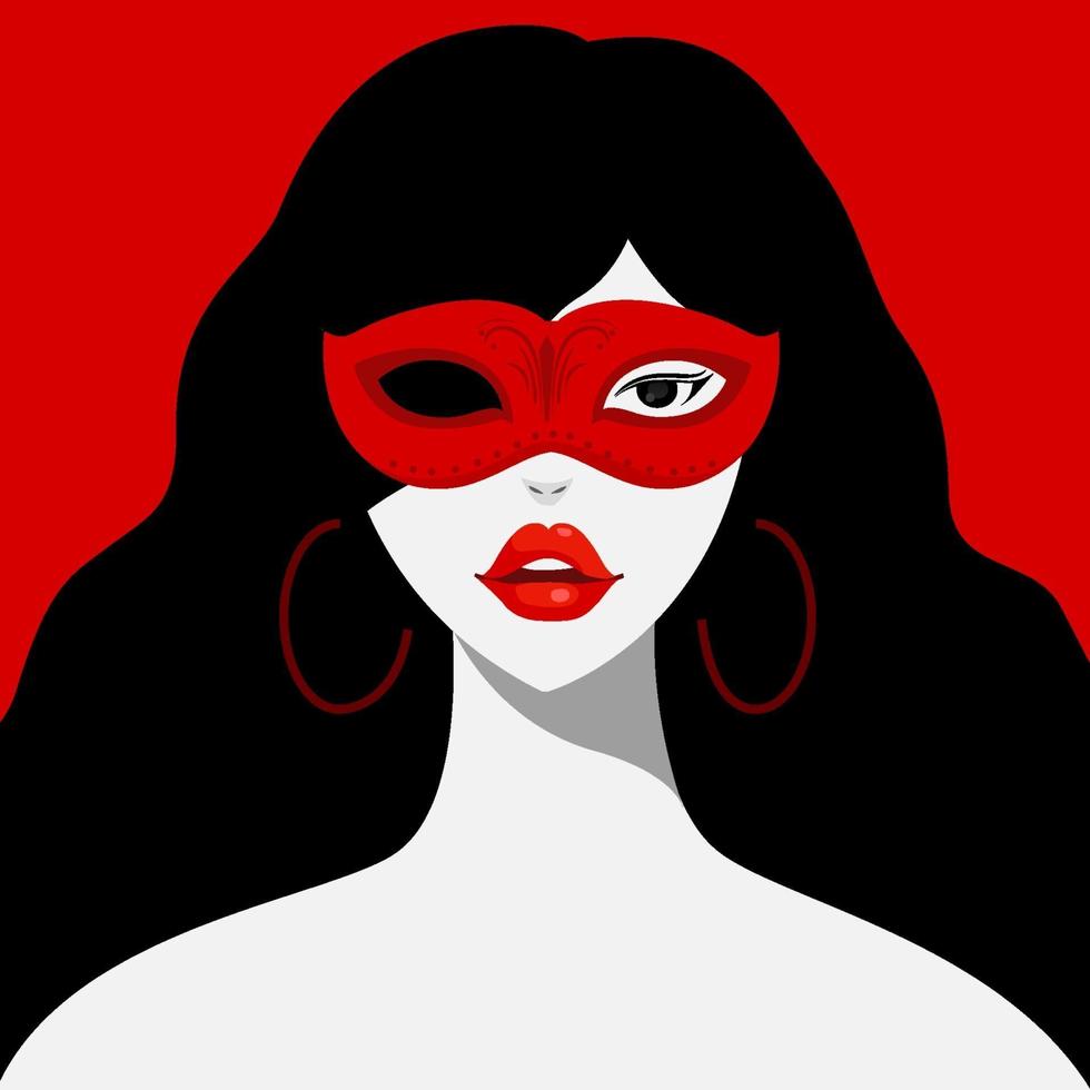dam i lyxig karnevalmask. svart hår kvinna. avatar för sociala nätverk. mode och skönhet. vektorillustration i platt stil vektor