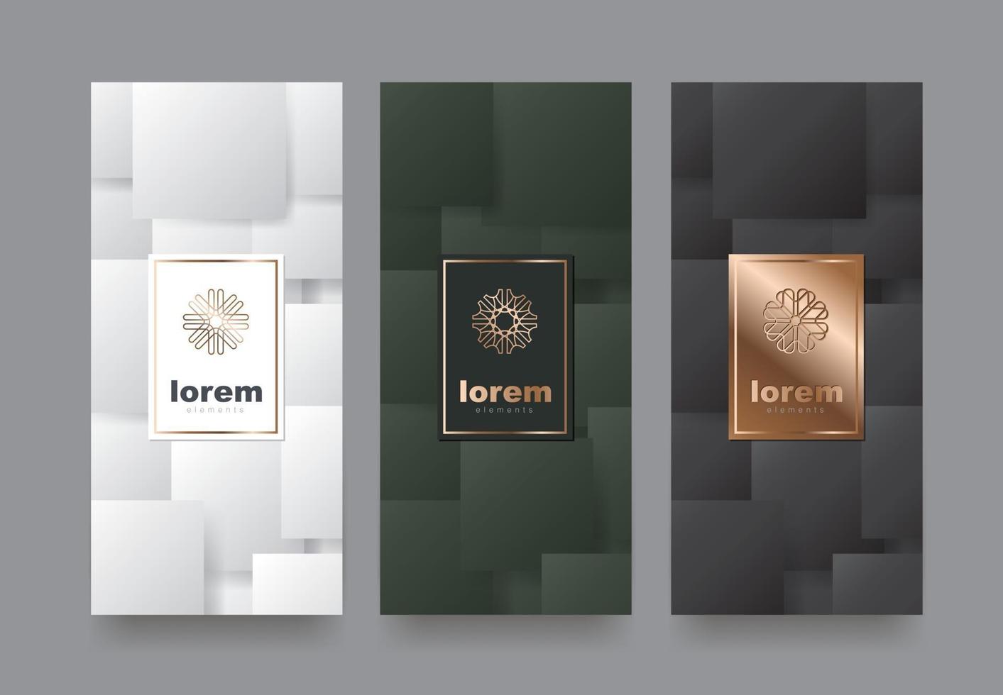 Vektorset-Verpackungsvorlagen mit unterschiedlicher Textur für Luxusprodukte. Logo-Design mit trendigem linearem Stil. vektor