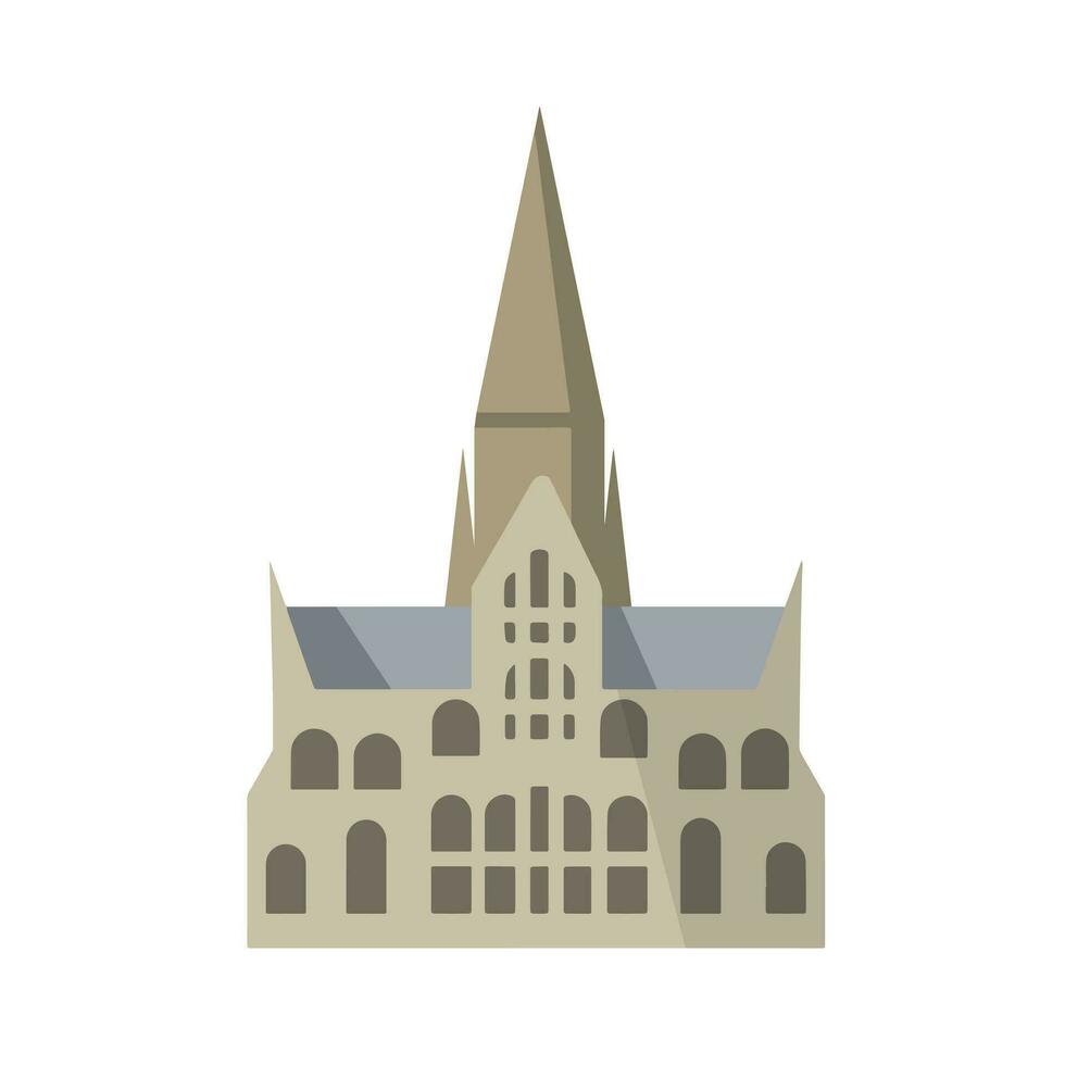 salisbury katedral av jungfrulig mary. gotik kyrka i england. anglican religiös byggnad. landmärke av medeltida stad. platt tecknad serie vektor