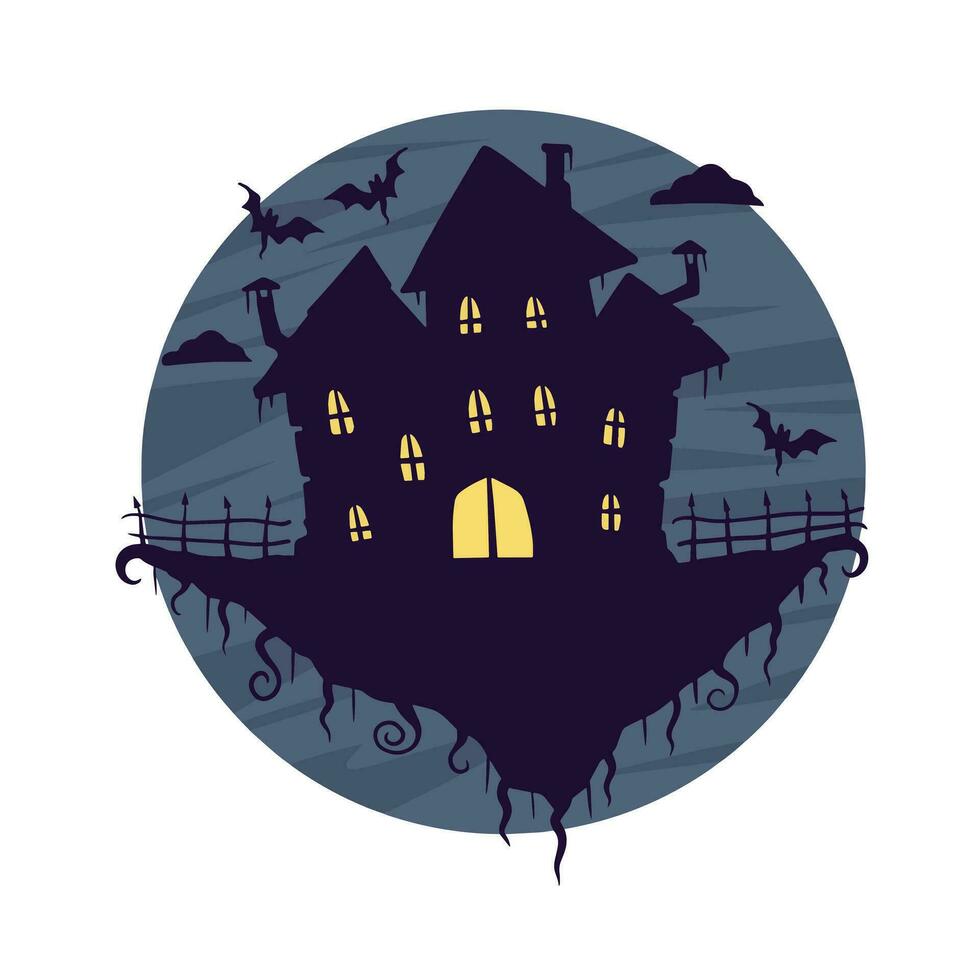 Halloween verfolgt Haus isoliert auf Weiß Hintergrund. unheimlich dunkel Silhouette von Zuhause oder Villa. Karikatur Vektor gespenstisch Illustration. gotisch süß Stadt, Dorf