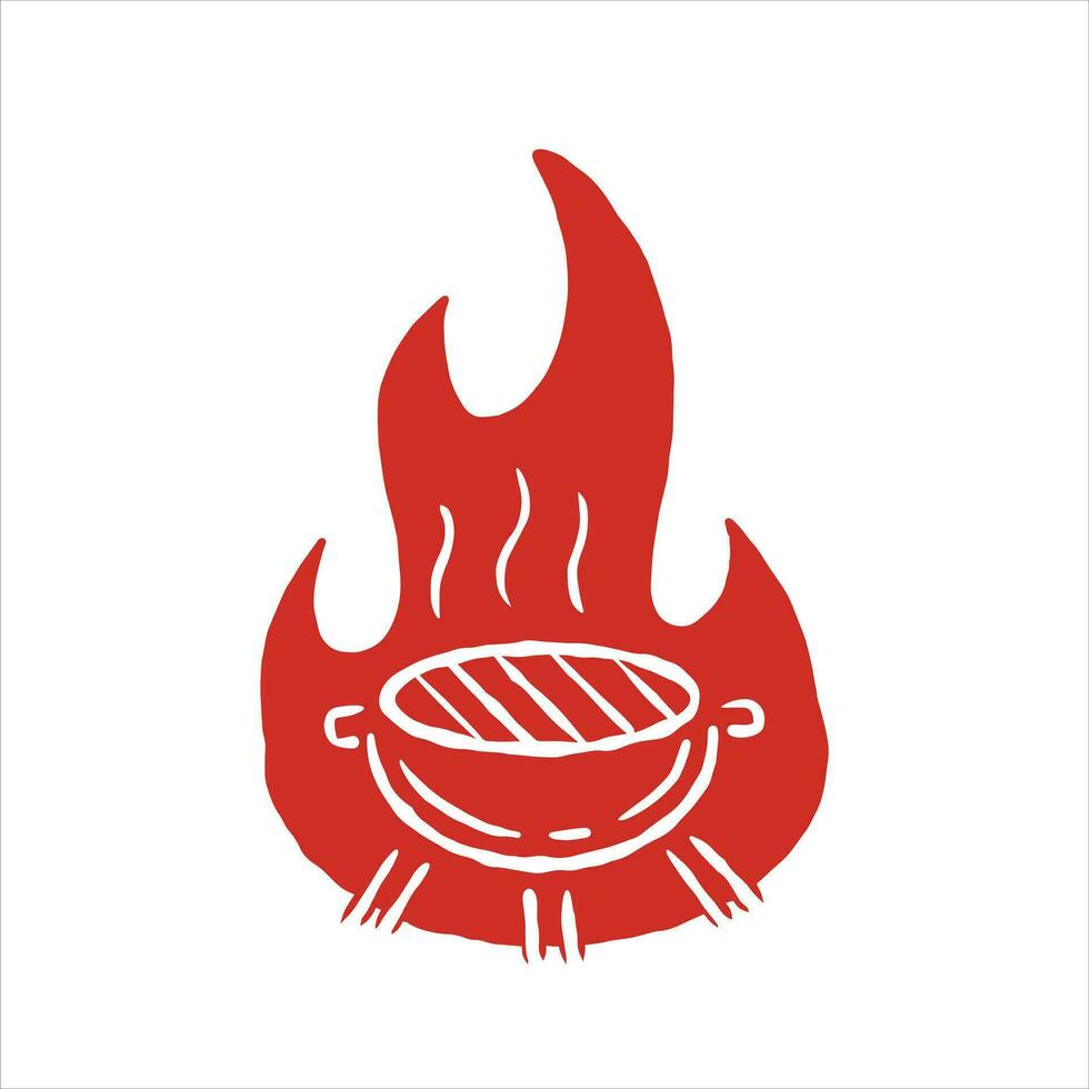 Grill Logo. gegrillt Fleisch auf Feuer. rot Silhouette von Kohlebecken Flamme. einfach Karikatur Illustration isoliert auf Weiß. vektor