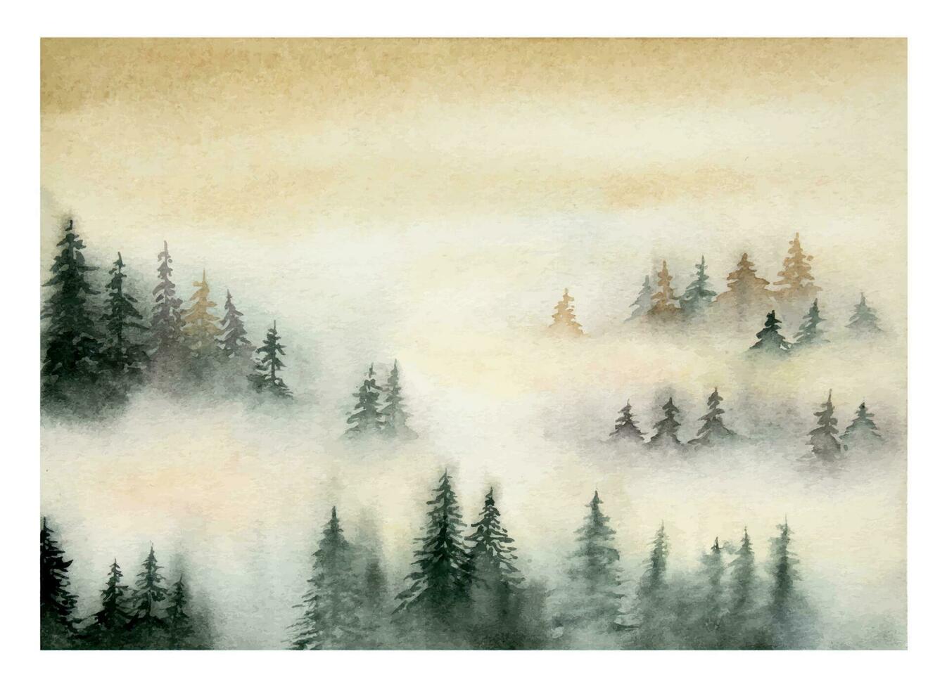 Hand gezeichnet Aquarell neblig Wald Landschaft. nebelig Wald. vektor