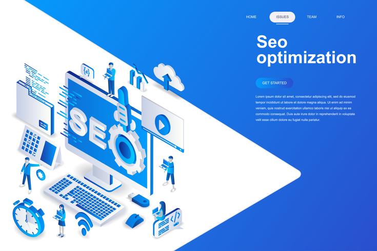 Modernes flaches Design iso Konzept der Optimierung. Suchmaschine und Personenkonzept. Zielseitenvorlage. Isometrische Begriffsvektorillustration für Netz und Grafikdesign. vektor