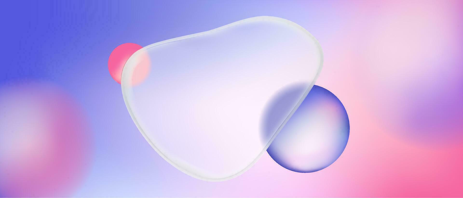 verschwommen Glasmorphismus Gradient Klecks Rahmen mit Rosa und lila Ball Form. 3d Hintergrund Design mit matt glänzend Overlay Illustration. glatt dynamisch Welle Muster. Digital Flüssigkeit Blase Konzept. vektor