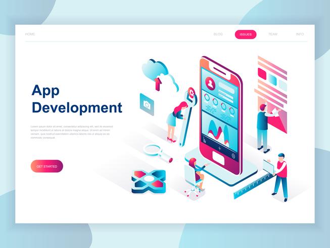 Modernes flaches Design isometrisches Konzept der App-Entwicklung für Banner und Website. Isometrische Zielseitenvorlage. Programmieren eines neuen Projekts mithilfe einer mobilen Anwendung. Vektor-illustration vektor