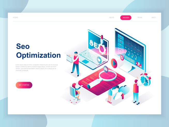 Modern plandesign isometrisk koncept SEO analys för banner och hemsida. Isometrisk målsida för målsidor. Sökmotoroptimering, strategier och marknadsföring. Vektor illustration.