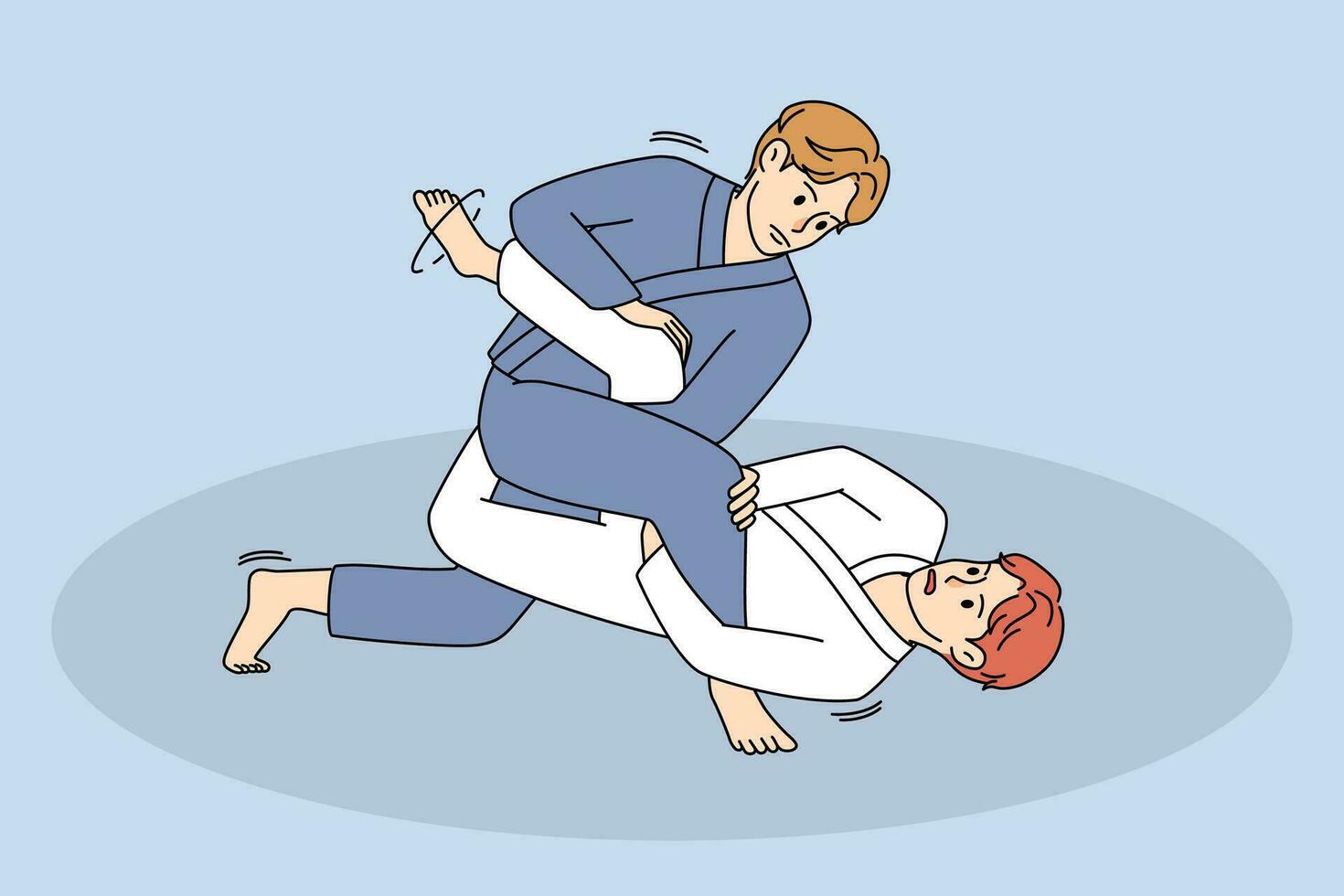 Männer Kampf auf Arena. männlich Sportler Ausbildung kriegerisch Kunst oder Jiu-Jitsu. Sport und Hobby Konzept. Vektor Illustration.