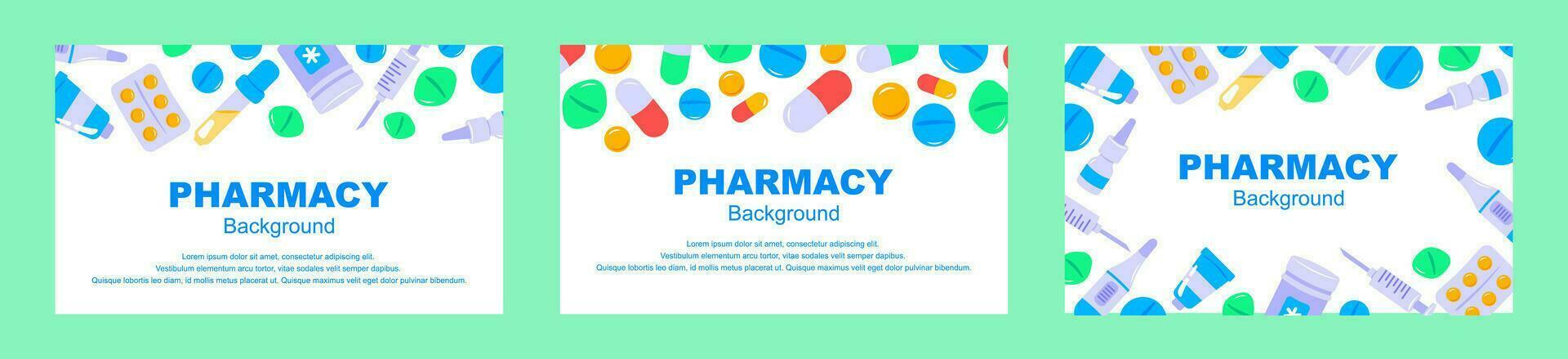 uppsättning av apotek bakgrunder. piller och läkemedel design. medicin platt vektor illustration