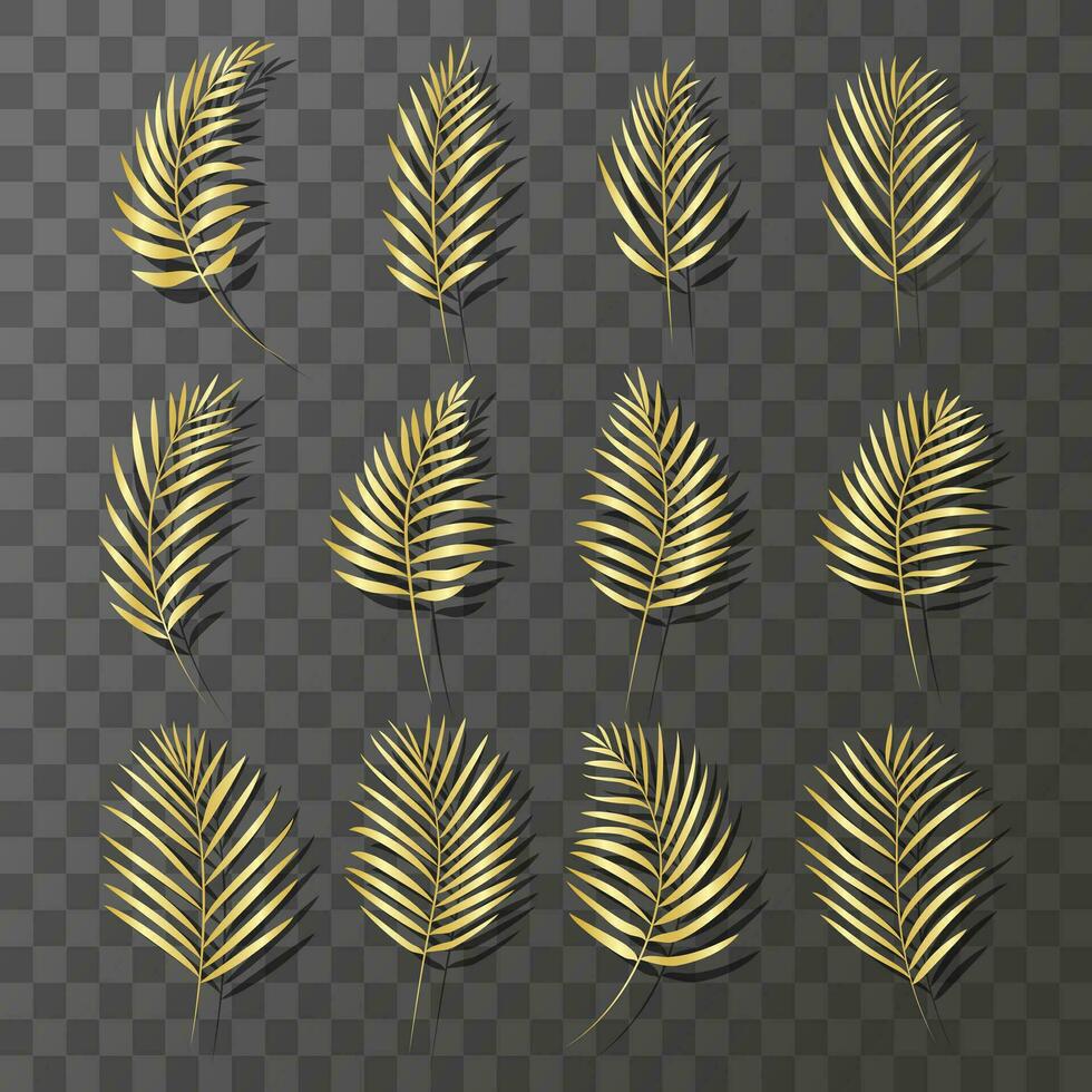 Palme Blätter gemacht von Gold. einstellen von golden tropisch Blätter auf ein transparent Hintergrund. Vektor Illustration.