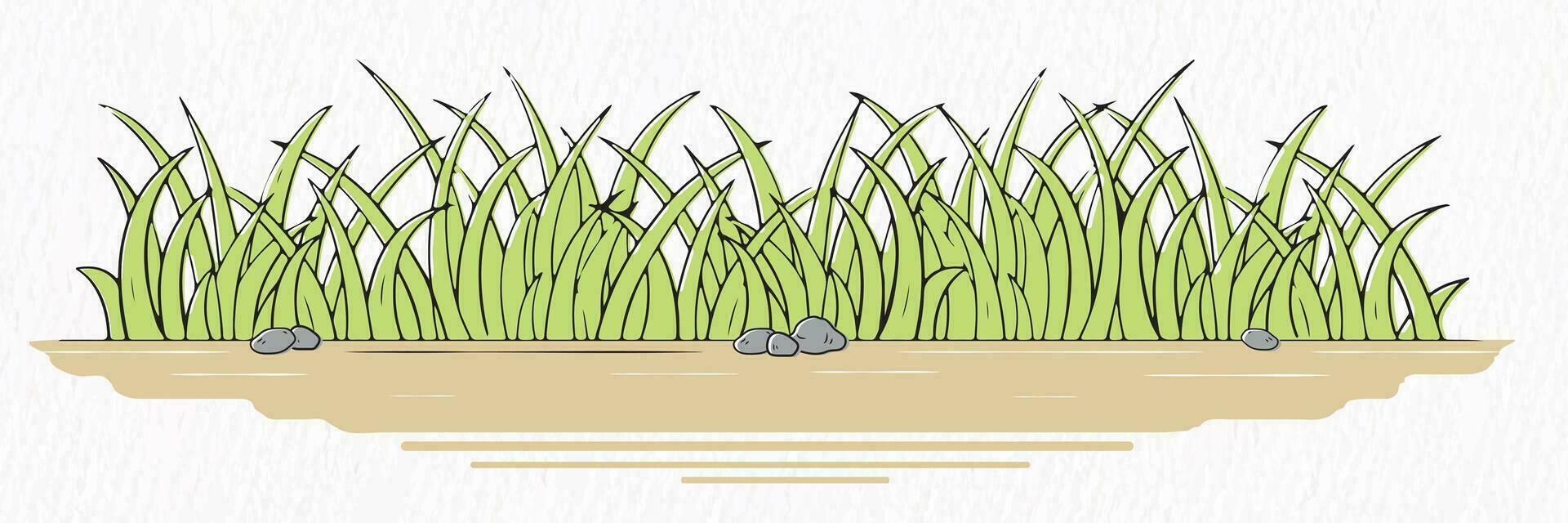 Gras mit Blume und Stein Linie Zeichnung Clip Art vektor