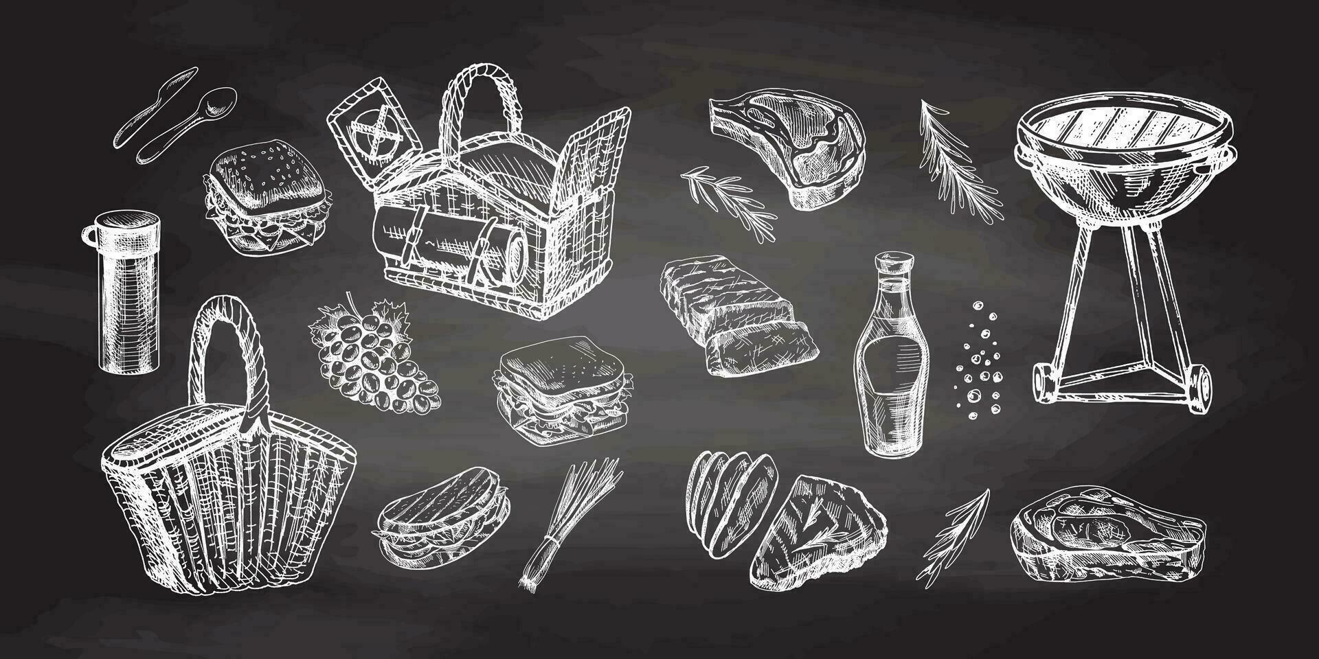 en uppsättning av ritad för hand skisser av utegrill och picknick element på svarta tavlan bakgrund. klotter årgång illustration. graverat bild. vektor