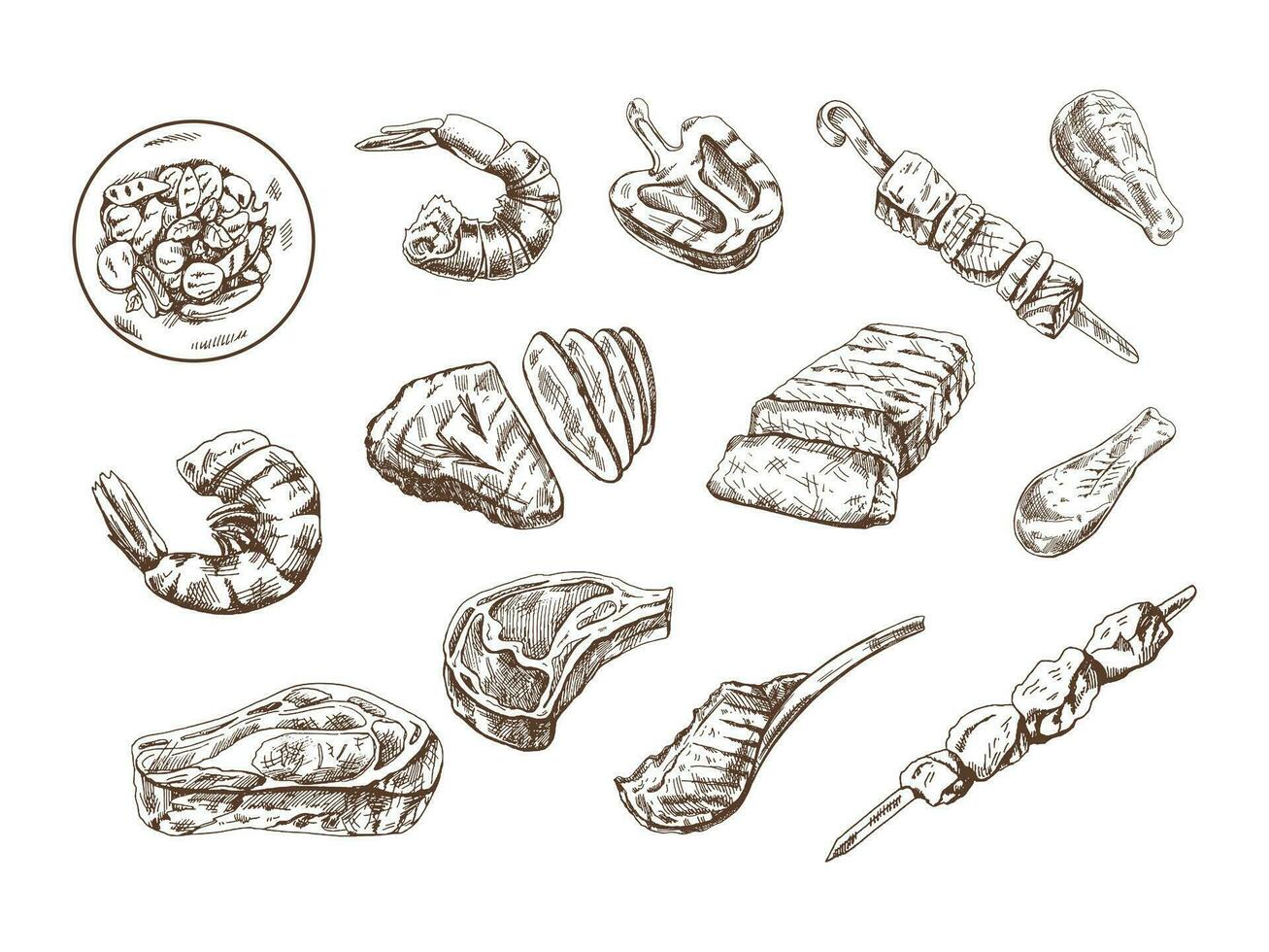 ein einstellen von handgemalt Skizzen von anders Typen von Fleisch, Steaks, Garnele, Huhn, gegrillt Gemüse, Grill. Gekritzel Jahrgang Illustration. graviert Bild. vektor