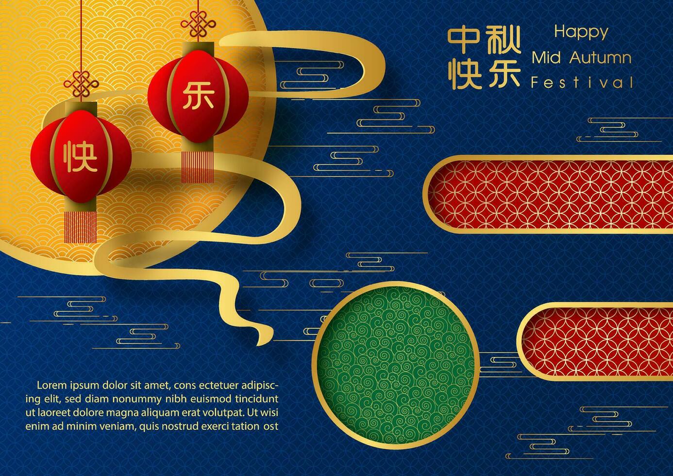 kinesisk lyktor hänga med cirklar dekoration och lydelse av händelse, exempel texter på kinesisk mönster och blå bakgrund. Allt i papper skära stil och kinesisk texter är menande mitten höst i engelsk vektor