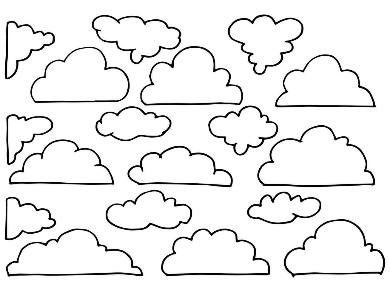 hand dragen av moln ikoner uppsättning. tecknad serie klotter design element. isolerat på vit bakgrund. vektor illustration
