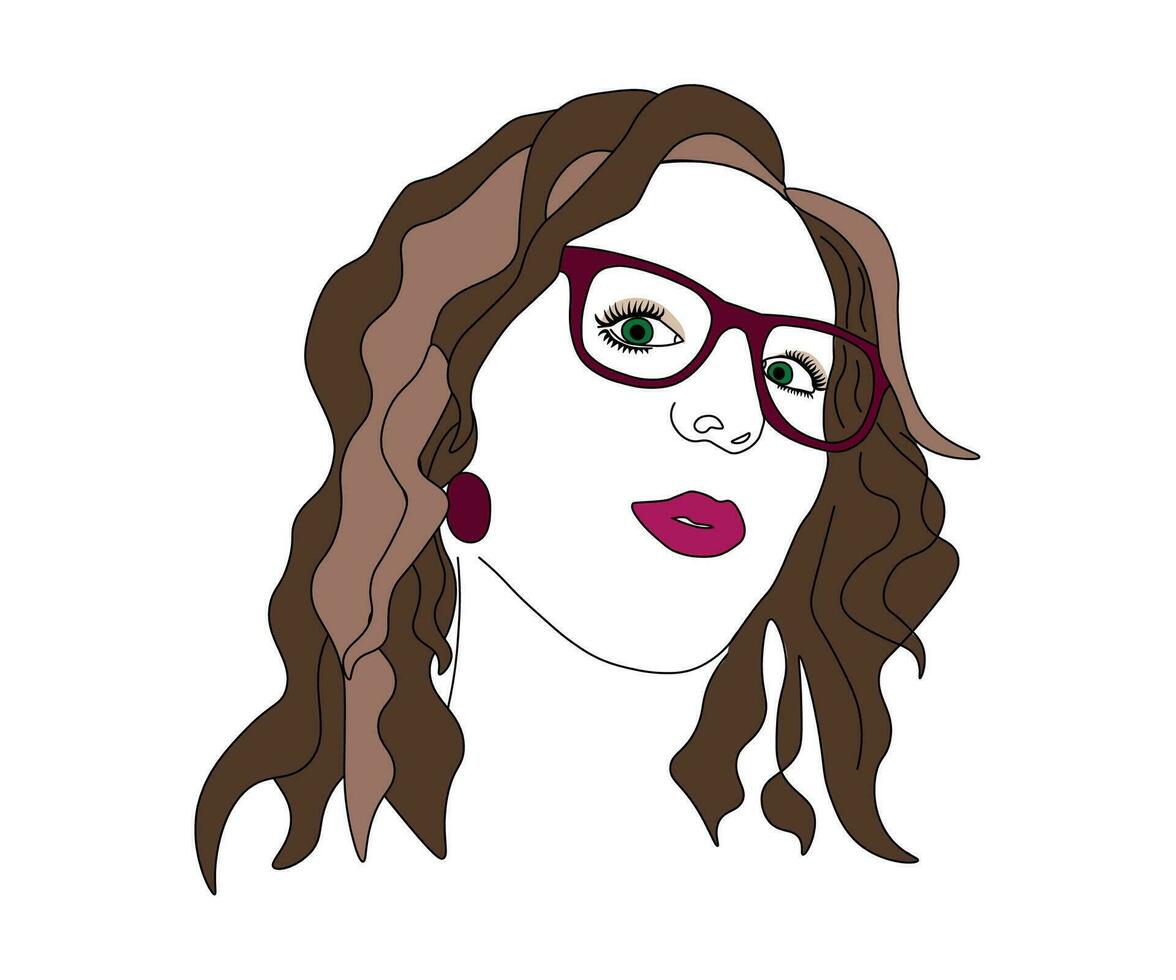 Porträt von ein Mädchen mit braun Haar im einer Linie mit ein öffnen Mund und Brille vektor