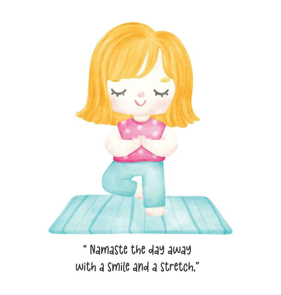 ein süß jung Mädchen Praktiken Methoden Ausübungen Yoga im diese beschwingt Pastell- Aquarell Illustration. Umarmung Gleichgewicht, Harmonie, und Wellness mit diese künstlerisch Darstellung von Entspannung, Meditation, und positiv Energie. vektor