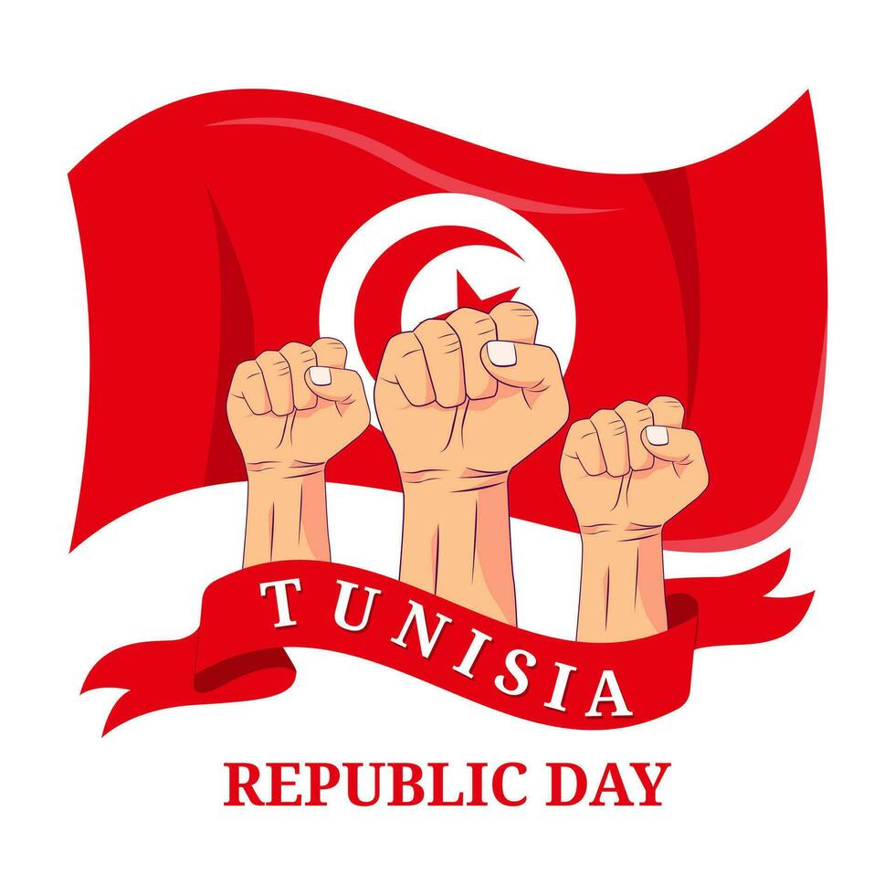 Vektor Grafik von Tunesien Republik Tag zum Gruß Karte mit geballt Faust und Band