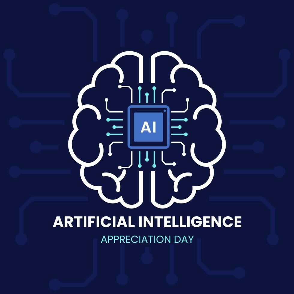 vektor grafisk av artificiell intelligens uppskattning dag. modern cyberhjärnan begrepp illustration av en krets styrelse med en hjärna