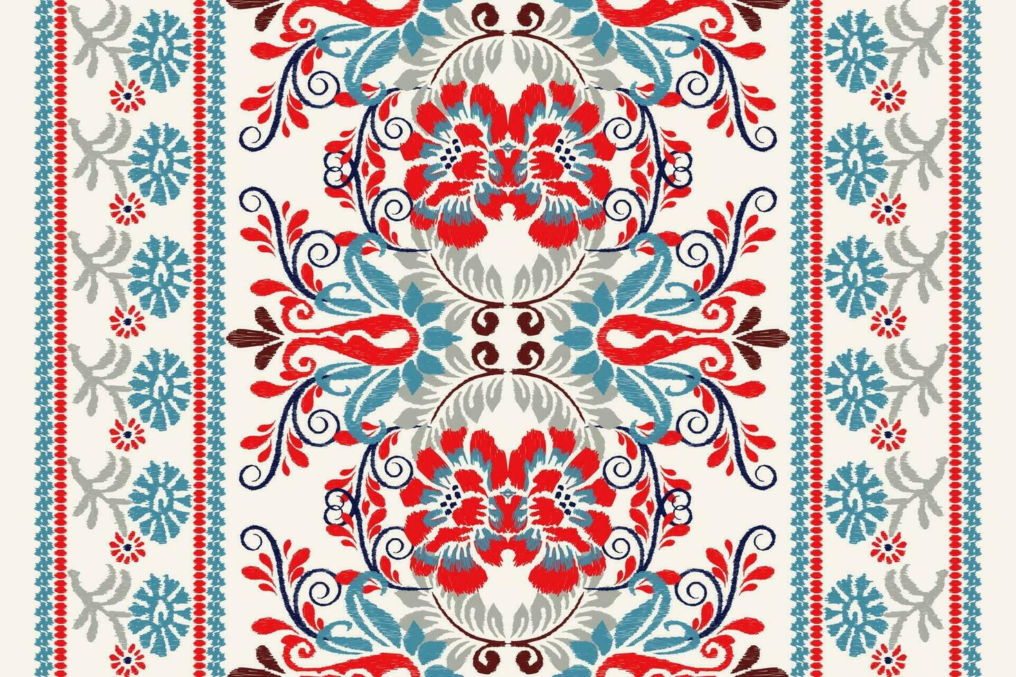 Ikat Blumen- Paisley Stickerei auf Weiß hintergrund.ikat ethnisch orientalisch Muster traditionell.aztekisch Stil abstrakt Vektor illustration.design zum Textur,Stoff,Kleidung,Verpackung,Dekoration,Teppich,Schal