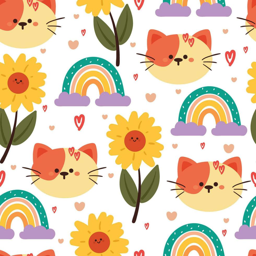 sömlös mönster tecknad serie katt, blomma och himmel element. söt djur- tapet för textil, gåva slå in papper vektor