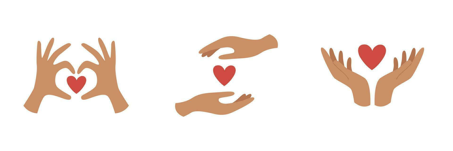einstellen von Hände halten Herzen. Liebe, Pflege und Empathie Konzept. vektor