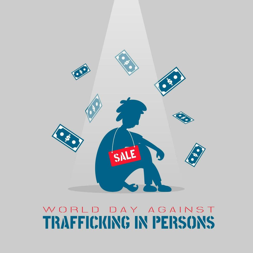 Welt Tag gegen Mensch Handel mit ein Mann zum Verkauf und Geld fallen vektor