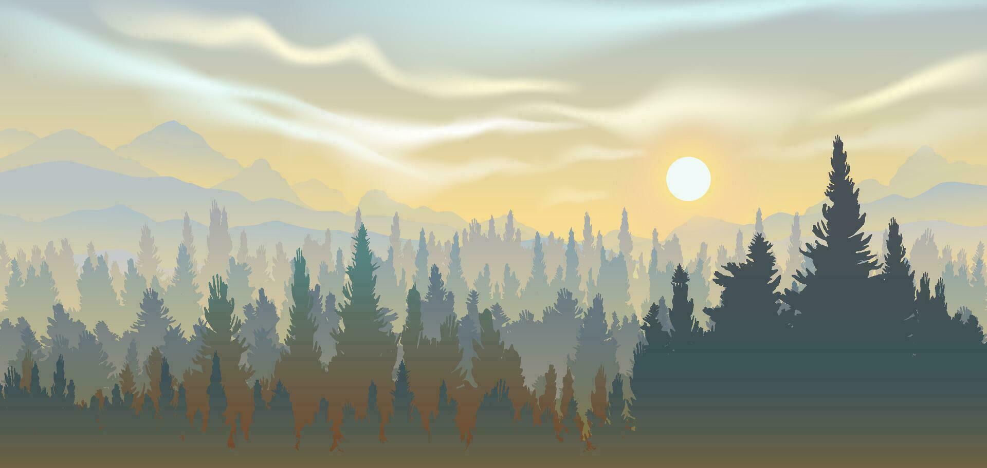 vektor panorama- landskap av skog i solnedgång med silhuetter av tall träd.