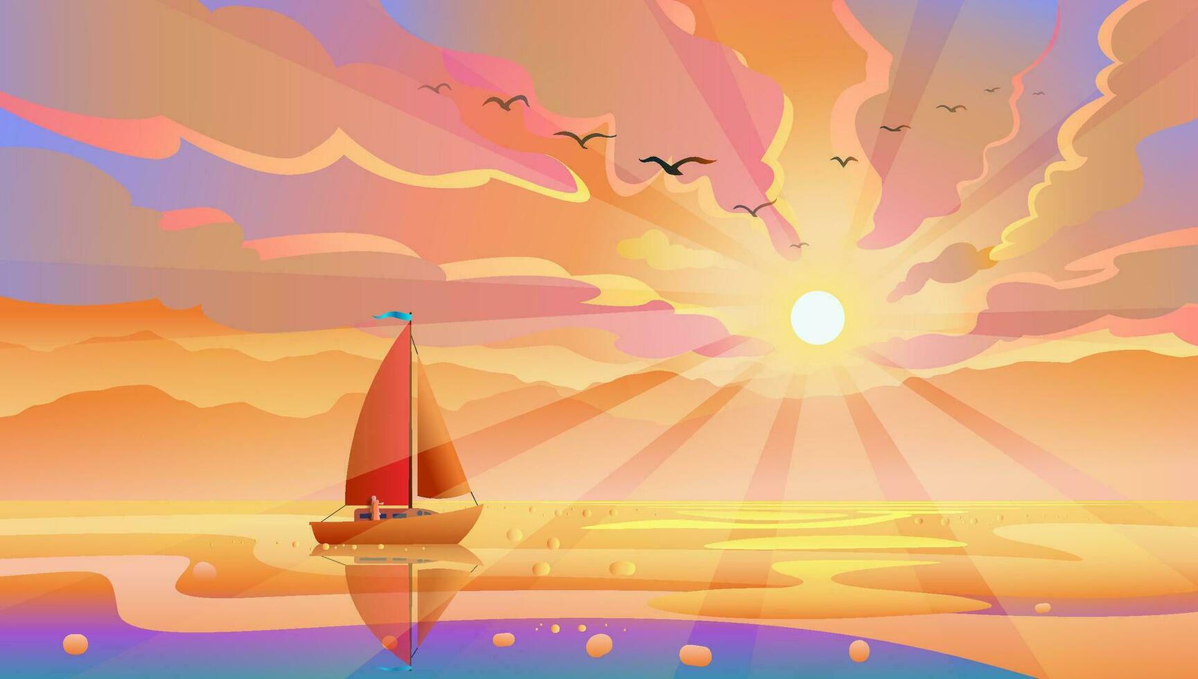 skön marinmålning reflektera lila solnedgång med turist i båt. vektor