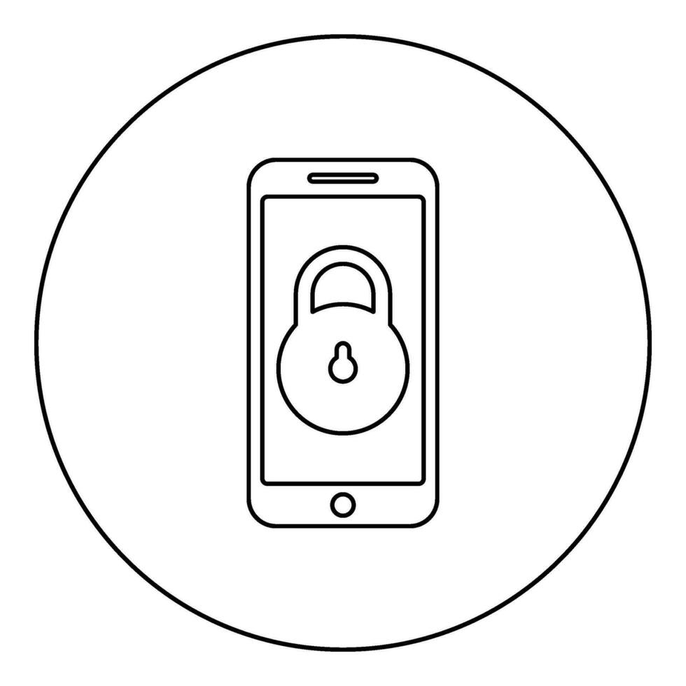 smartphone låsa personlig data säkerhet cyber tillgång begrepp telefon låst mobiltelefon hänglås använda sig av ikon i cirkel runda svart Färg vektor illustration bild översikt kontur linje tunn stil