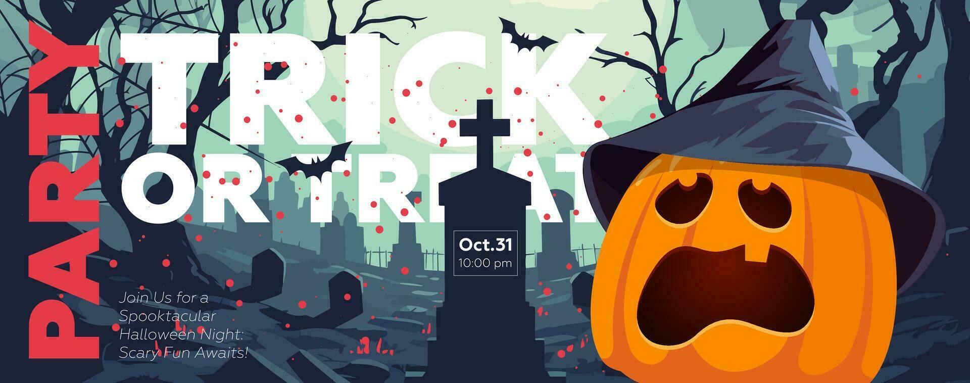 Lycklig halloween lura eller behandla fest baner med läskigt ansikte pumpa i kyrkogård. horisontell konst affisch skrämmande Pumpalykta i kyrkogård. Semester promo konstverk flygblad. typografi skriva ut vektor mall