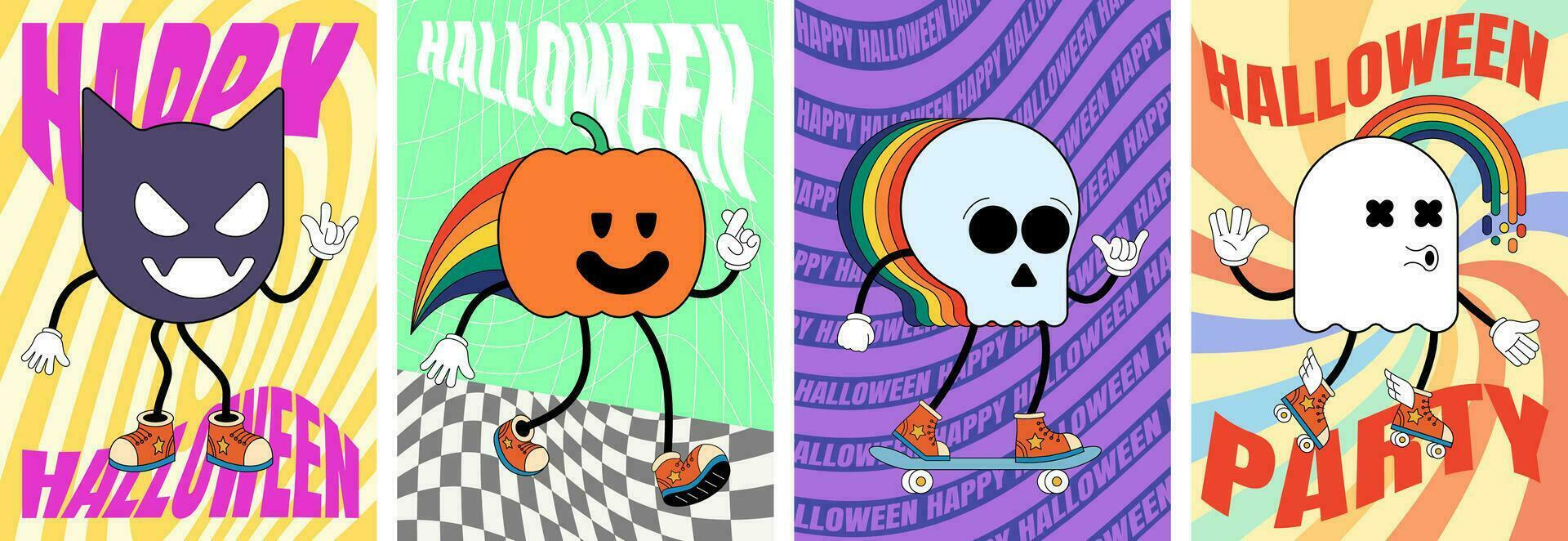 retro häftig Lycklig halloween natt fest konst affisch uppsättning. skraj pumpa, skalle, fladdermus och spöke Semester tecken på galen hippie plakat. psychedelic hippie abstrakt skriva ut. trendig y2k pop- kultur design vektor