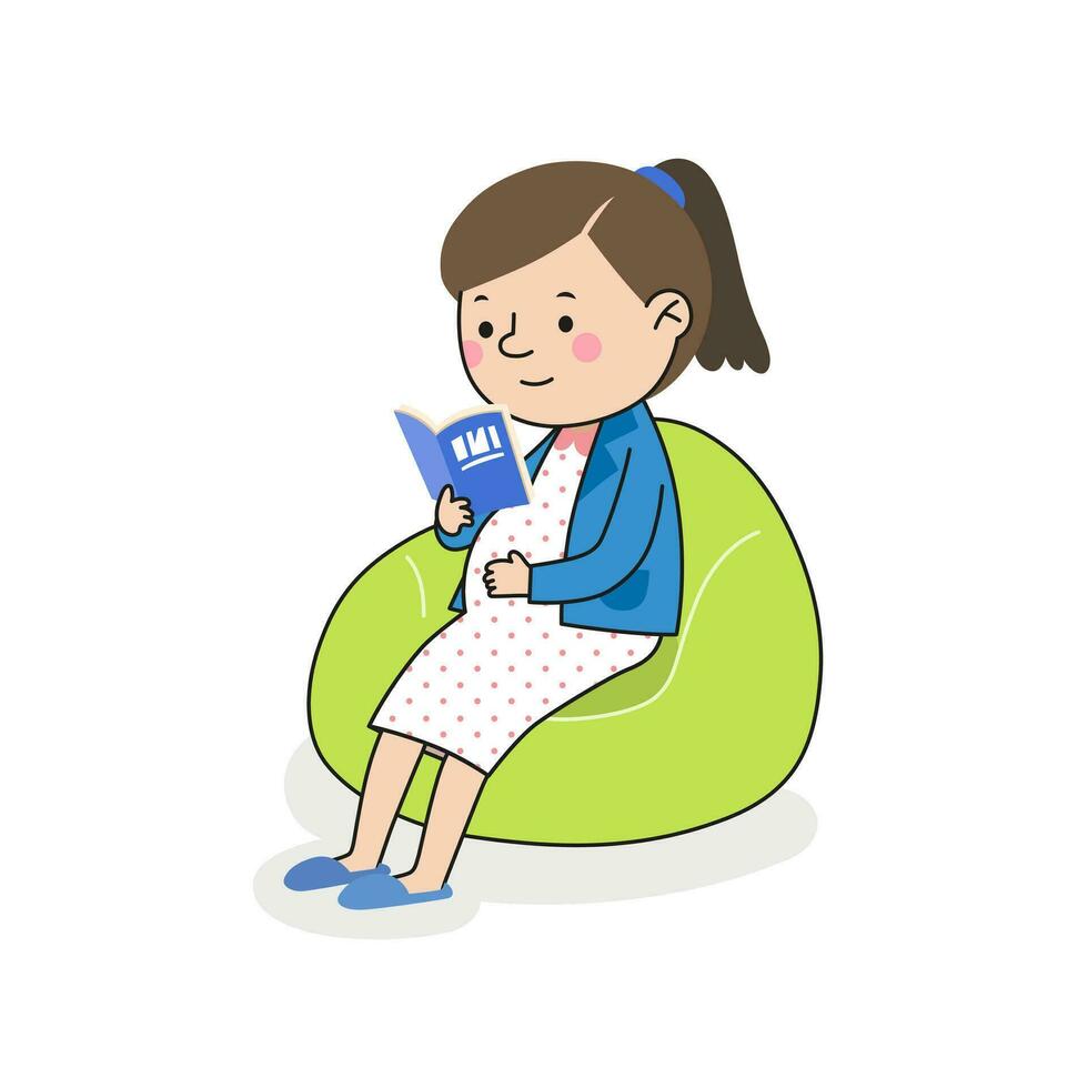 gravid kvinna Sammanträde på soffa läsning en bok vektor