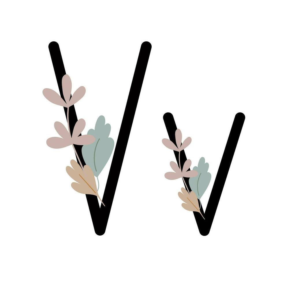 brev v av engelsk, latin alfabet versal, små bokstäver dekorerad med blommor, blommig monogram vektor illustration i enkel boho stil, platt pastell färgad dekorativ text