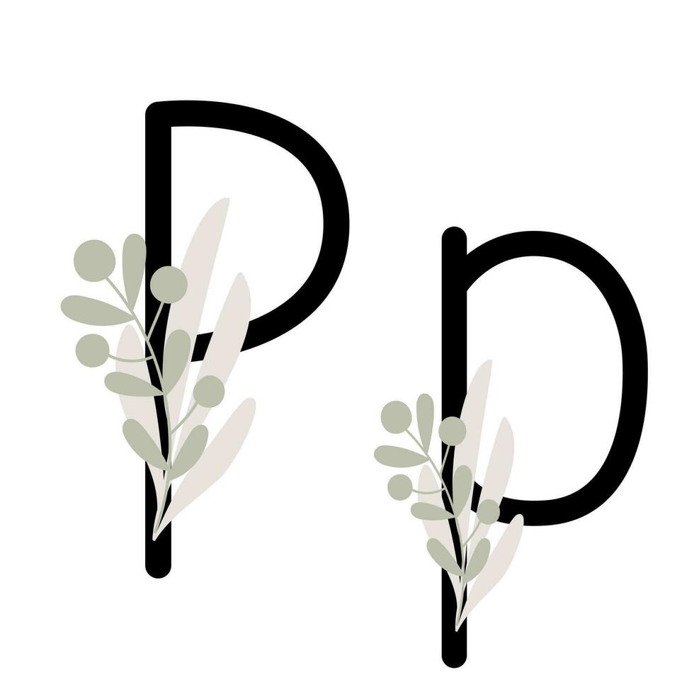 Brief p von Englisch, Latein Alphabet Großbuchstaben, Kleinbuchstaben dekoriert mit Blumen, Blumen- Monogramm Vektor Illustration im einfach Boho Stil, eben Pastell- farbig dekorativ Beschriftung