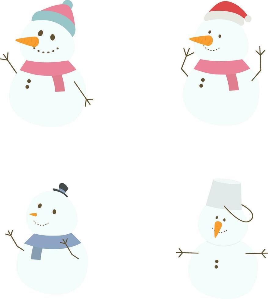 vinter- snögubbar. glad snowmen i annorlunda kostymer. vektor illustration på vit isolerat bakgrund.