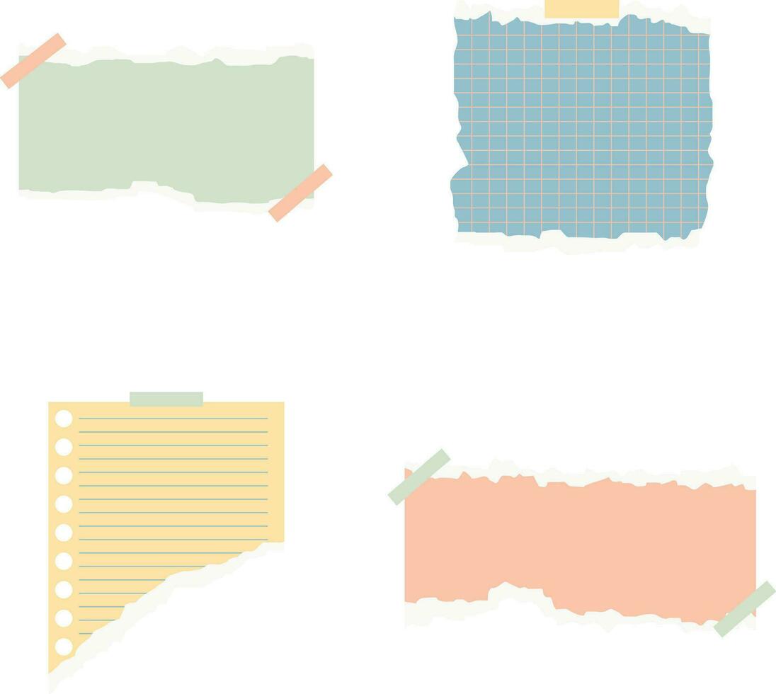 trasig papper med tejp. möte påminnelse, att göra lista och PM underrättelse, brev på ark av papper, anteckningsblock eller anteckningsbok sida med trasig sida. vektor illustration